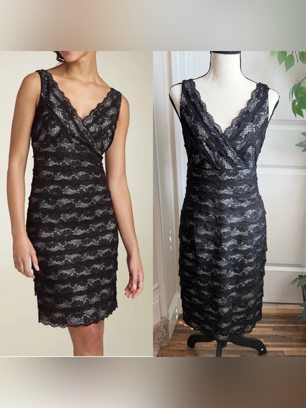 Suzi Chin Maggy Boutique Lace V-Neck Sheath Dress Black Sz 6